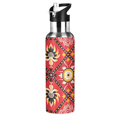 xigua Botella de agua deportiva aislada de 22 onzas con tapa de pajita de acero inoxidable, botellas térmicas a prueba de fugas, talavera mexicana roja