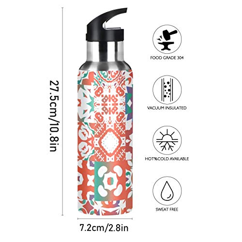 xigua Botella de agua deportiva aislada de 22 onzas con tapa de pajita de acero inoxidable, botellas térmicas a prueba de fugas, talavera mexicana roja