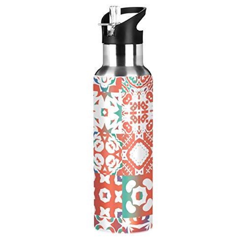 xigua Botella de agua deportiva aislada de 22 onzas con tapa de pajita de acero inoxidable, botellas térmicas a prueba de fugas, talavera mexicana roja