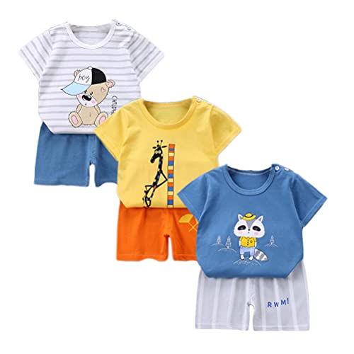 XM-Amigo Juego de 3 pantalones cortos de manga corta para bebé, de media manga, pack de 6 (con/sin hebilla de hombro), Blanco, amarillo y azul, 18-24 Meses