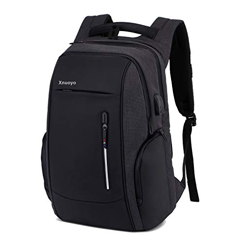 Xnuoyo Mochila Antirrobo de Portátil, 17,3 Pulgada Mochila Ordenador Portatil Resistente al Agua con el Puerto de Carga y Auriculares USB para Hombre Mujer Oficina Trabajo Diario Negocio, Negro