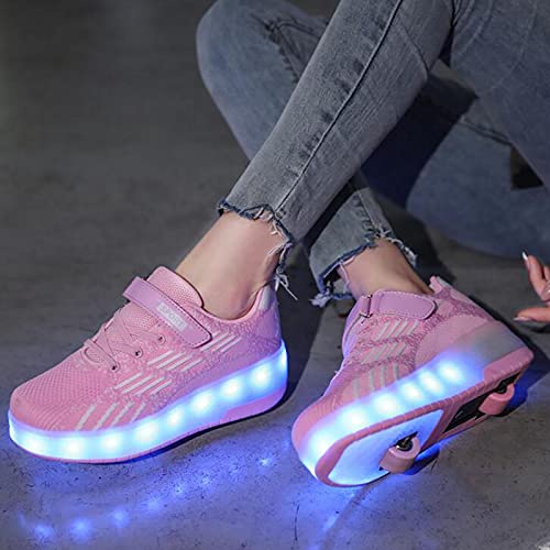 XRDSHY Zapatillas con Ruedas Niños Y Niña USB Recarga LED Luces Luminosas Zapatos con Ruedas Dobles Automática Calzado De Skateboarding Deportes De Exterior Gimnasia Zapatillas,pink-36