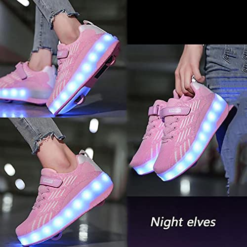 XRDSHY Zapatillas con Ruedas Niños Y Niña USB Recarga LED Luces Luminosas Zapatos con Ruedas Dobles Automática Calzado De Skateboarding Deportes De Exterior Gimnasia Zapatillas,pink-36