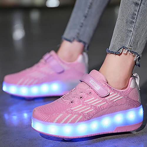 XRDSHY Zapatillas con Ruedas Niños Y Niña USB Recarga LED Luces Luminosas Zapatos con Ruedas Dobles Automática Calzado De Skateboarding Deportes De Exterior Gimnasia Zapatillas,pink-36