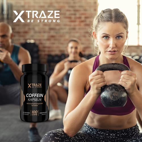 XTRAZE® Cafeína Pura en Cápsulas 200 mg de Dosis Alta, 100 Cápsulas Durante 100 Días de Uso Continuo, sin Aditivos Innecesarios, sin Sabor y anhidra, Natural Suplemento, Calidad Alemana