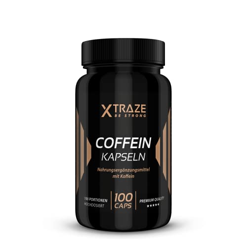 XTRAZE® Cafeína Pura en Cápsulas 200 mg de Dosis Alta, 100 Cápsulas Durante 100 Días de Uso Continuo, sin Aditivos Innecesarios, sin Sabor y anhidra, Natural Suplemento, Calidad Alemana