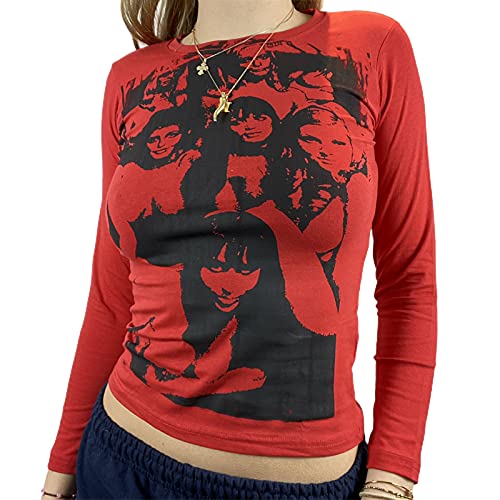 Y2K Top Corto con Estampado de Cara para Mujer, Casual de Manga Larga Retro Tie Dye Cuello Redondo Mujer Verano Otoño 2021 Moda Streetwear Tees Camisetas (A Rojo, M)