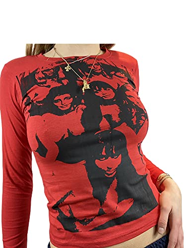 Y2K Top Corto con Estampado de Cara para Mujer, Casual de Manga Larga Retro Tie Dye Cuello Redondo Mujer Verano Otoño 2021 Moda Streetwear Tees Camisetas (A Rojo, M)