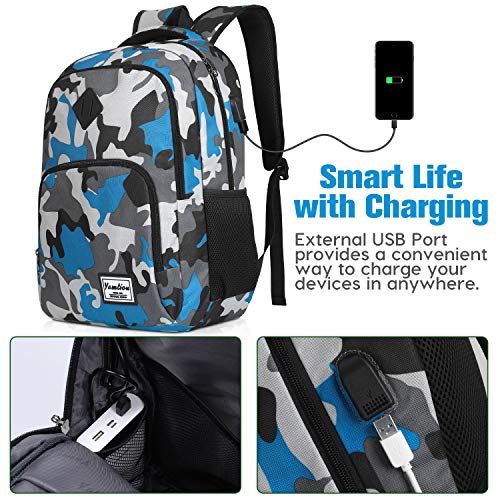 YAMTION Mochila Portatil 15.6 Pulgadas Mochila Hombre con Puerto de Carga USB,Mochilas Escolares Juveniles (15.6 Pulgada, GJB6-camouflage Blue)