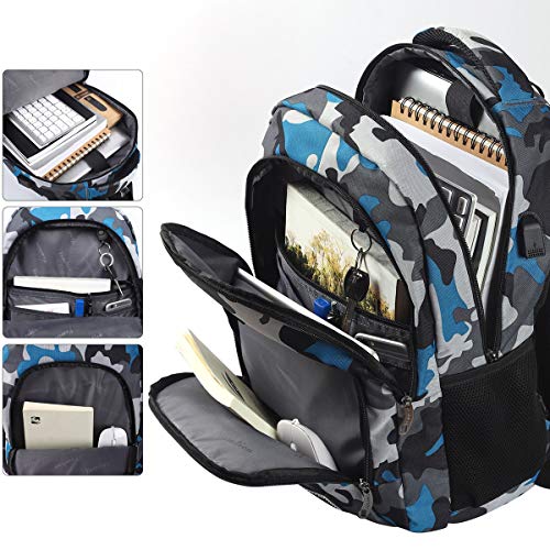 YAMTION Mochila Portatil 15.6 Pulgadas Mochila Hombre con Puerto de Carga USB,Mochilas Escolares Juveniles (15.6 Pulgada, GJB6-camouflage Blue)