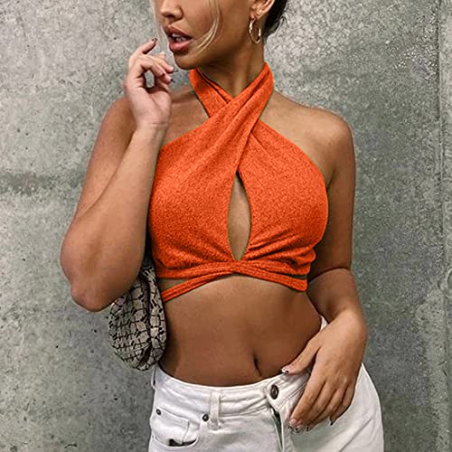 YANFANG Camiseta Mujer Talla Grande Estampado,Sexy Vendaje Halter Crop Top Mangas Backless Club Party Shirt Chi Wrap Tops,Camisetas Manga Corta Deporte,Camiseta,Naranja,L