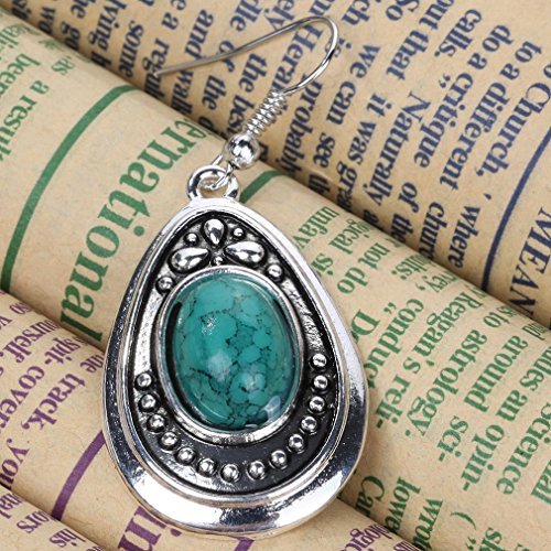 Yazilind vendimia de color plata oval verde turquesa cuelgan los pendientes del gancho de la gota mujeres de regalo