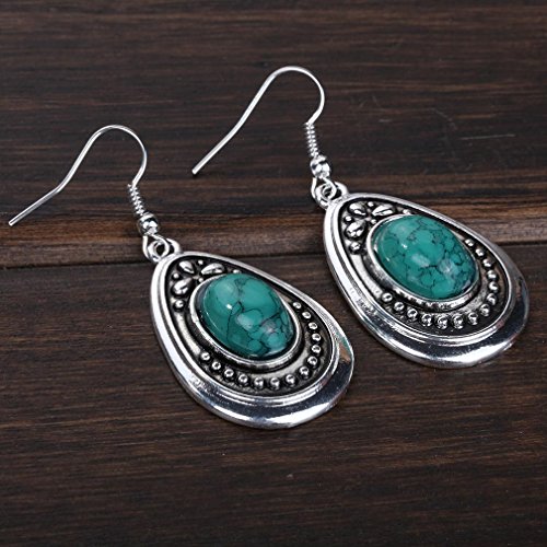 Yazilind vendimia de color plata oval verde turquesa cuelgan los pendientes del gancho de la gota mujeres de regalo