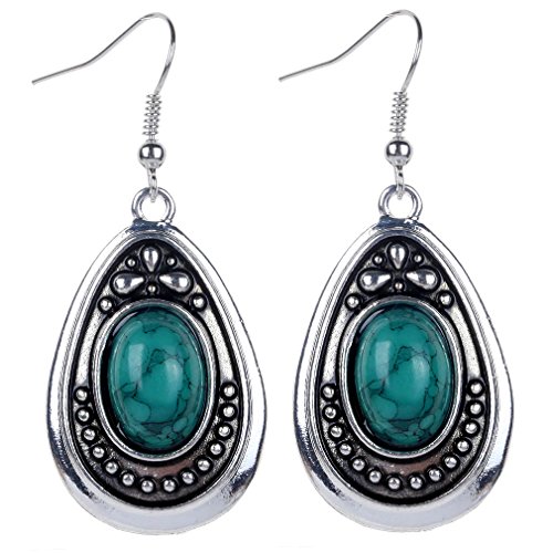 Yazilind vendimia de color plata oval verde turquesa cuelgan los pendientes del gancho de la gota mujeres de regalo