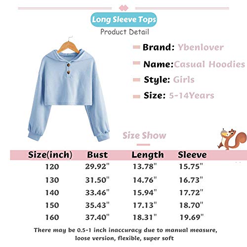 Ybenlover Sudadera casual con capucha, suelta, jersey abotonado con top de manga larga para niñas 10-12 años Azul