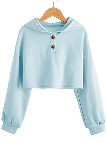 Ybenlover Sudadera casual con capucha, suelta, jersey abotonado con top de manga larga para niñas 10-12 años Azul