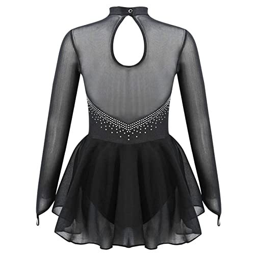 YEAHDOR Vestido de Danza Ballet para Niña Patinador Maillot de Gimnasia Rítmica Diamante Leotardo Partinaje Artistico Cuello Alto Body Deportivo Negro A 10 años