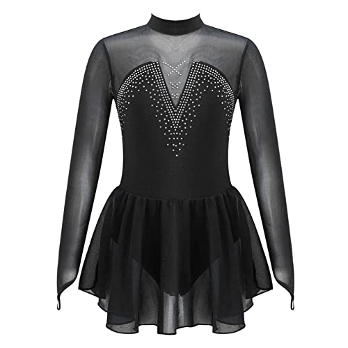 YEAHDOR Vestido de Danza Ballet para Niña Patinador Maillot de Gimnasia Rítmica Diamante Leotardo Partinaje Artistico Cuello Alto Body Deportivo Negro A 10 años