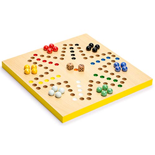 Yellow Mountain Imports Set Juegos Reversible 2 en 1 Parchís y Damas Chinas-Halma Madera y Canicas de Vidrio – 30,50 cm