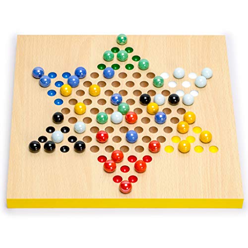 Yellow Mountain Imports Set Juegos Reversible 2 en 1 Parchís y Damas Chinas-Halma Madera y Canicas de Vidrio – 30,50 cm