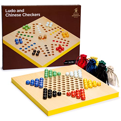 Yellow Mountain Imports Set Juegos Reversible 2 en 1 Parchís y Damas Chinas-Halma Madera y Canicas de Vidrio – 30,50 cm