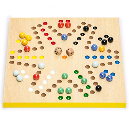 Yellow Mountain Imports Set Juegos Reversible 2 en 1 Parchís y Damas Chinas-Halma Madera y Canicas de Vidrio – 30,50 cm