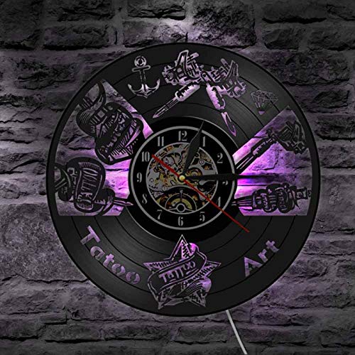 YINU Tattoo Studio Business Sign Reloj de Pared Salón de Tatuajes Disco de Vinilo Reloj de Pared Tienda de Tatuajes Máquina de Tatuajes Decoración Hipster Hombres Regalo