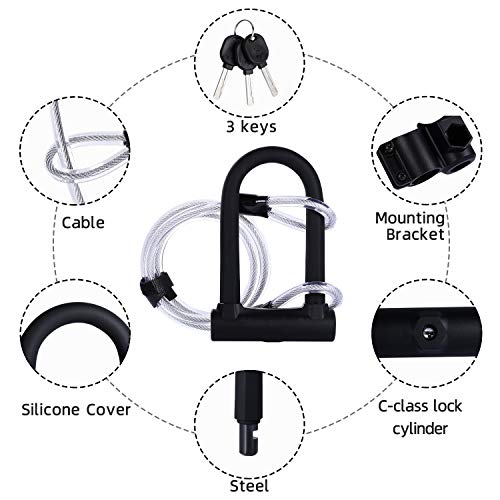 Yizhet Candado en U Bicicleta, Resistente, de Alta Seguridad U Lock Candado Bicicleta con Cable Flexible de Acero de 1,2 m y Soporte de Montaje Resistente para Bicicletas, Motocicletas