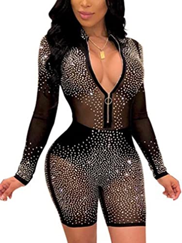 YiZYiF Mujeres Mono de Una Pieza con Pantalones Cortos de Malla Transparente Sexy con Diamantes de Imitación Brillante para Baile en Barra de Club Negro A M