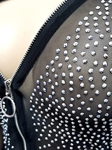 YiZYiF Mujeres Mono de Una Pieza con Pantalones Cortos de Malla Transparente Sexy con Diamantes de Imitación Brillante para Baile en Barra de Club Negro A M