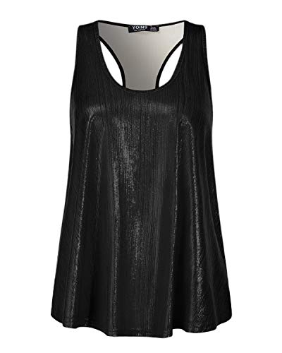 YOINS Camiseta sin mangas con lentejuelas brillantes para mujer, cuello en V, sexy, chaleco suelto, camisola de fiesta, Negro, XL