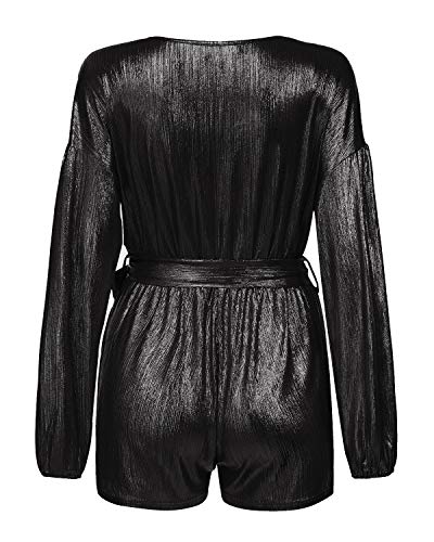 YOINS Mono Fiesta Mujer Cuello en V Mono de Lentejuelas Mujer Manga Larga Sexy Jumpsuit Brillante Elegante con Cinturón Manga Larga-Negro XL