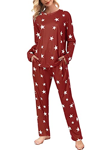 YOINS Mono para Mujer Pijama Casuale para el Hogar Pantalones Vestido Informal con Estampado de Estrellas Vino Rojo L