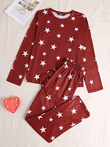 YOINS Mono para Mujer Pijama Casuale para el Hogar Pantalones Vestido Informal con Estampado de Estrellas Vino Rojo L