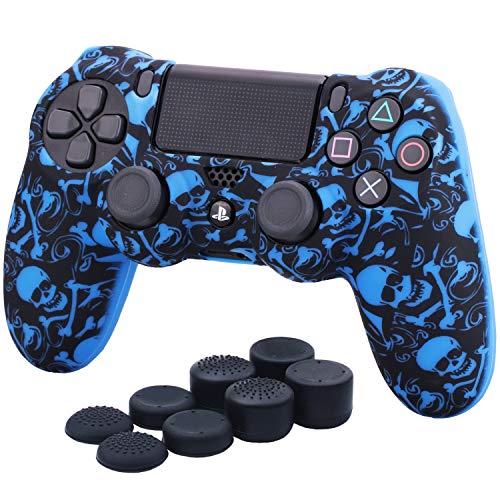 YoRHa Transferencia de agua camuflaje de impresión silicona caso piel Fundas protectores cubierta para Sony PS4/slim/Pro Dualshock 4 Mando x 1 (Pirata Simbolo Azul) Con los puños pulgar thumb gripsx 8