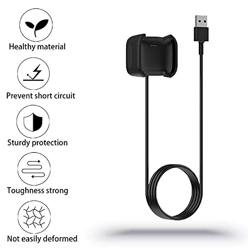 Young & Ming Cargador Compatible con Fitbit Versa 2 Cargador + 2 Unidades Protector De Pantalla, Cable de Carga de Repuesto Base de Carga USB Cargador(Negro 3,3ft 100cm)