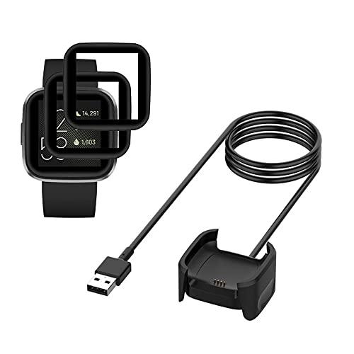 Young & Ming Cargador Compatible con Fitbit Versa 2 Cargador + 2 Unidades Protector De Pantalla, Cable de Carga de Repuesto Base de Carga USB Cargador(Negro 3,3ft 100cm)