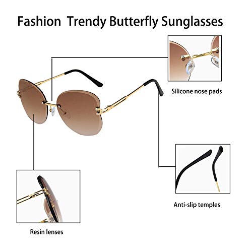 YTJHFA Gafas de sol sin montura de mariposa para mujer, gafas de ojo de gato de moda vintage, gafas de sol polarizadas de gran tamaño para niñas, gafas para adolescentes, montura metálica, rosa