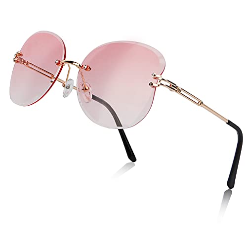 YTJHFA Gafas de sol sin montura de mariposa para mujer, gafas de ojo de gato de moda vintage, gafas de sol polarizadas de gran tamaño para niñas, gafas para adolescentes, montura metálica, rosa