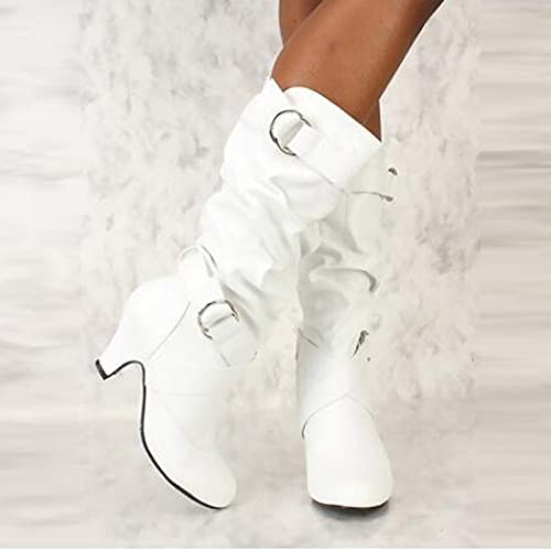 YWLINK Mujer CóModo TacóN Medio Botas Plisada Mujer Botas Largas De Gamuza Casual Tacones Aguja Altos Zapatos OtoñO Invierno Retro Botas Altas Calentar Moda Negra Botas Con Hebilla (Blanco, 37)