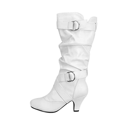 YWLINK Mujer CóModo TacóN Medio Botas Plisada Mujer Botas Largas De Gamuza Casual Tacones Aguja Altos Zapatos OtoñO Invierno Retro Botas Altas Calentar Moda Negra Botas Con Hebilla (Blanco, 37)