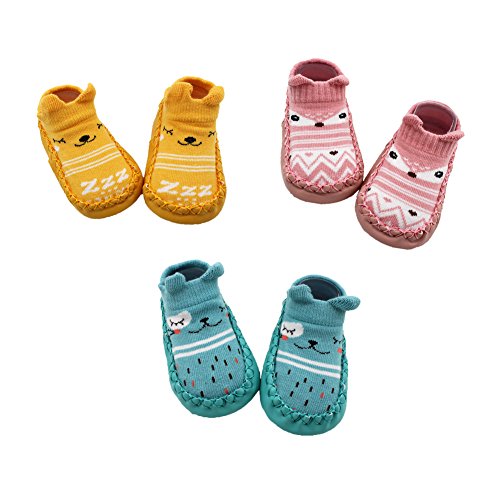 Z-Chen Pack de 3 Pares Zapatillas para Bebé con Suela Antideslizante, Amarillo + Rosa + Azul, 12-18 Meses