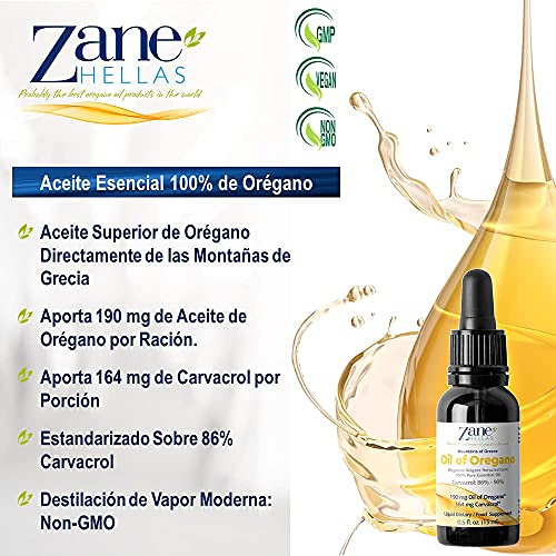 Zane Hellas 100% Aceite de orégano sin diluir.Aceite esencial de orégano griego puro.86% Min Carvacrol.164 mg de Carvacrol por porción.Probablemente el mejor aceite de orégano del mundo.15 ml