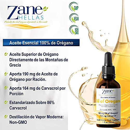 Zane Hellas 100% Aceite de orégano sin diluir.Aceite Esencial de orégano Griego Puro.86% Min Carvacrol.164mg de Carvacrol por porción.Probablemente el Mejor Aceite de orégano del Mundo.30ml