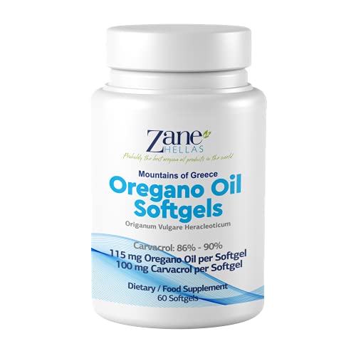 Zane Hellas Aceite de orégano Softgels. Cada cápsula contiene un 20% de aceite esencial de orégano griego. 100 mg de Carvacrol por cápsula blanda.60 cápsulas.