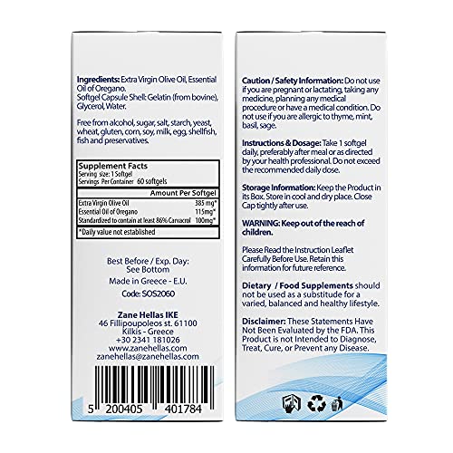 Zane Hellas Aceite de orégano Softgels. Cada cápsula contiene un 20% de aceite esencial de orégano griego. 100 mg de Carvacrol por cápsula blanda.60 cápsulas.