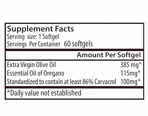 Zane Hellas Aceite de orégano Softgels. Cada cápsula contiene un 20% de aceite esencial de orégano griego. 100 mg de Carvacrol por cápsula blanda.60 cápsulas.