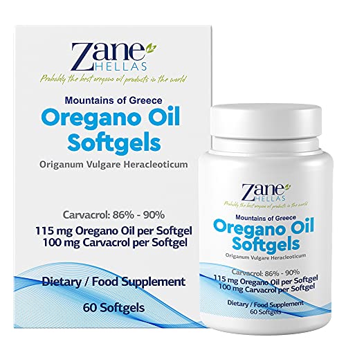 Zane Hellas Aceite de orégano Softgels. Cada cápsula contiene un 20% de aceite esencial de orégano griego. 100 mg de Carvacrol por cápsula blanda.60 cápsulas.