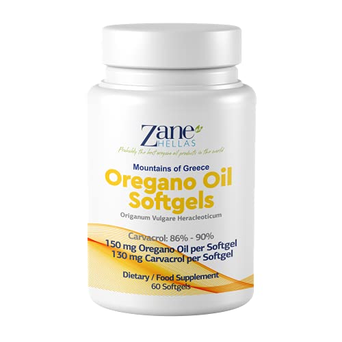 Zane Hellas Oregano Oil Softgels. La mayor concentración del mundo. Cada cápsula contiene un 30% de aceite esencial de orégano griego puro. 130 mg de Carvacrol por cápsula. 60 cápsulas.