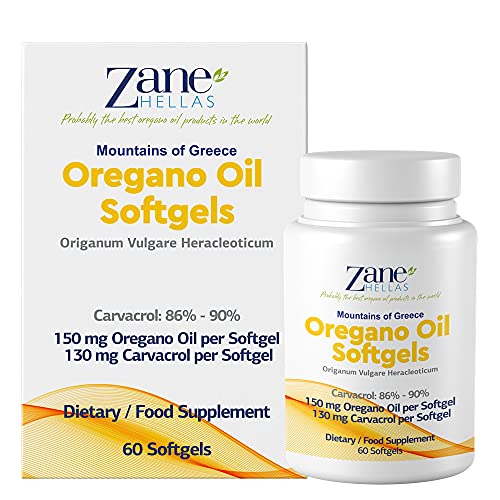 Zane Hellas Oregano Oil Softgels. La mayor concentración del mundo. Cada cápsula contiene un 30% de aceite esencial de orégano griego puro. 130 mg de Carvacrol por cápsula. 60 cápsulas.
